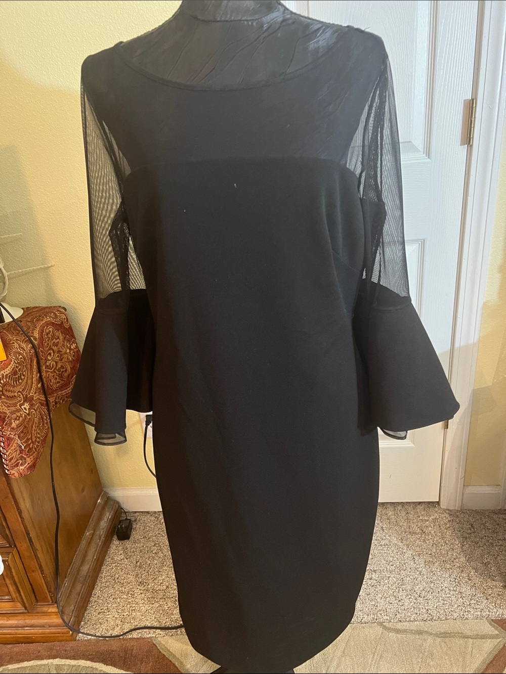 Calvin Klein Black Midi Dress with Sheer Paneled Sleeves